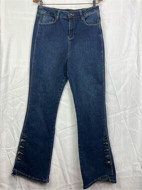 Oolala-Classic Dark Blue Women's Flared Jeans with Side Button Detail